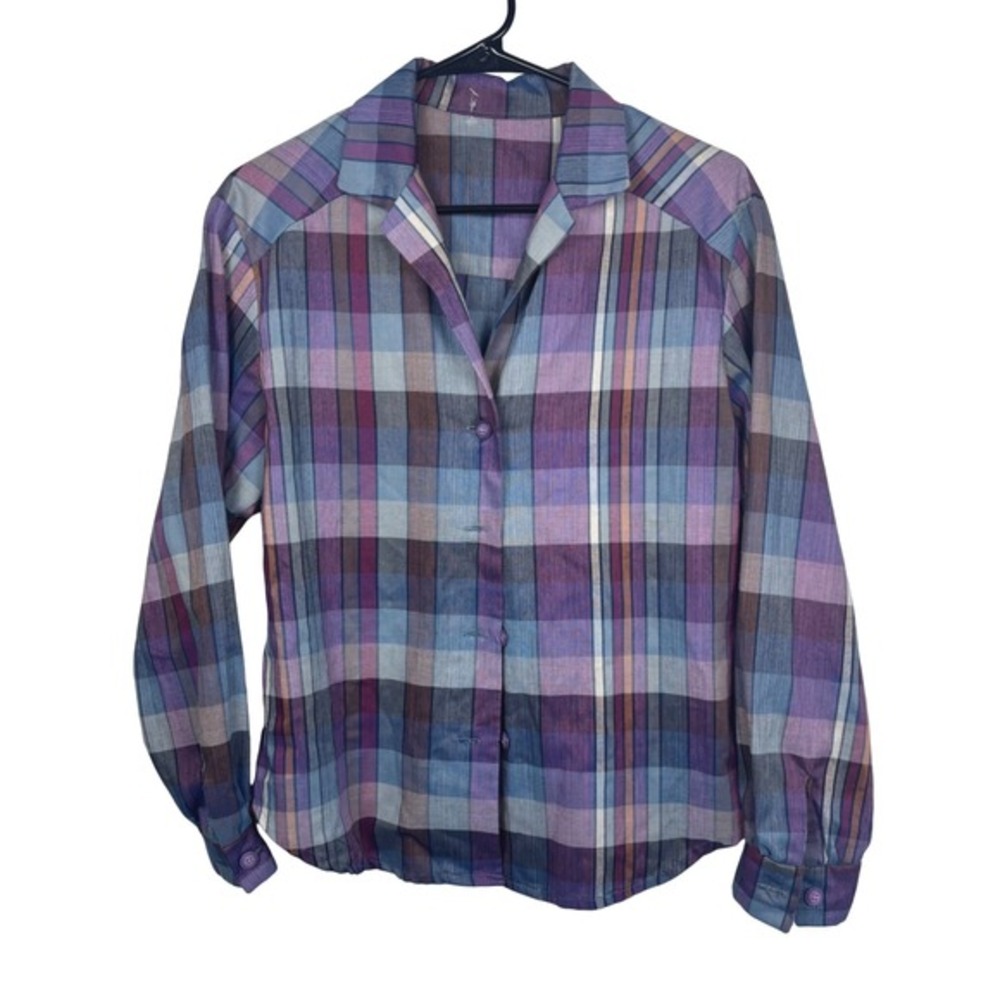 Womens Plaid Button Up Shirt Long Sleeve Purple Blue Vintage‎ Top